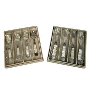 Vintage Towle Silver Plated Mother of Pearl Inlay Spoon & Fork 8 Pcs Set Boxes